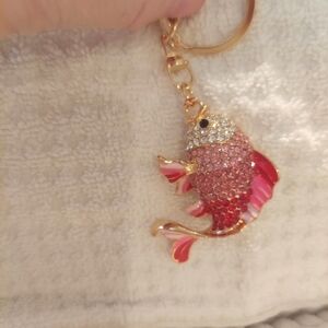 New Pink Rhinestone and enameled Fish Keyring Purse Charm Gorgeous!